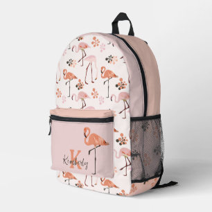 Retro Flamingo Monogram Name Peach Pink Printed Backpack