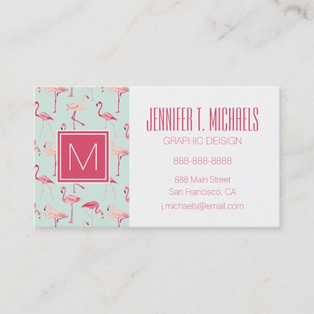 Retro Flamingo Pattern | Monogram Business Card (Front)