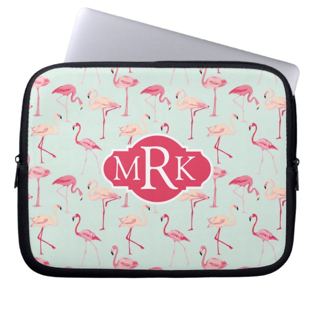 Retro Flamingo Pattern | Monogram Laptop Sleeve (Front)