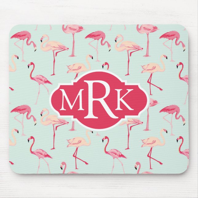 Retro Flamingo Pattern | Monogram Mouse Pad (Front)