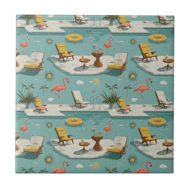 Retro Flamingo Poolside Summer Pattern (10) Tile (Front)