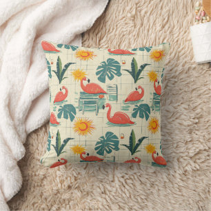 Retro Flamingo Poolside Summer Pattern (12) Throw Pillow