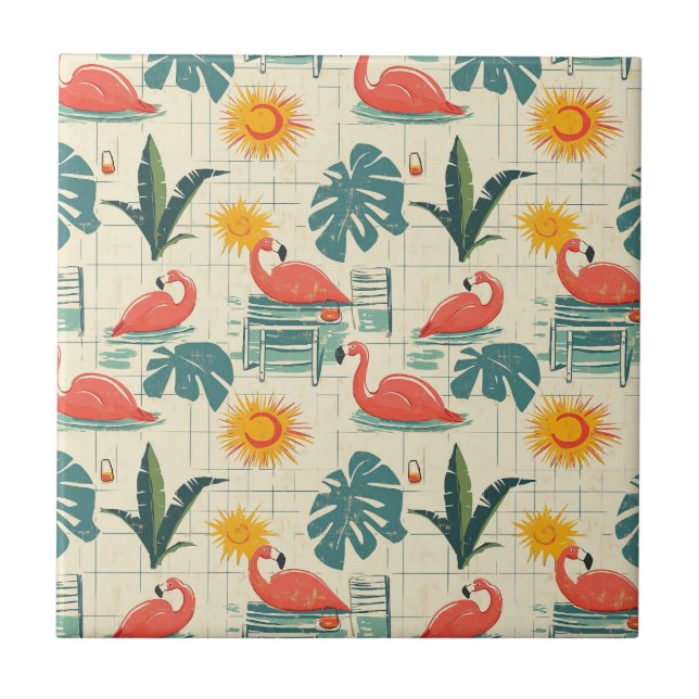 Retro Flamingo Poolside Summer Pattern (12) Tile (Front)