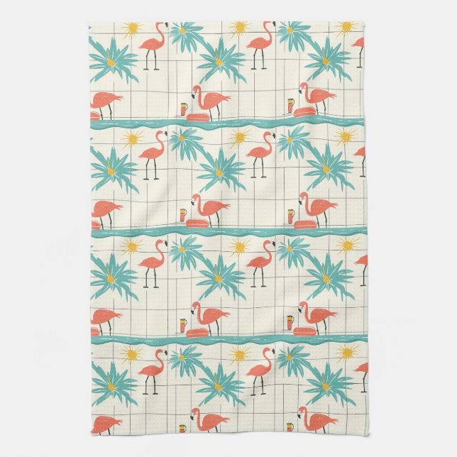 Retro Flamingo Poolside Summer Pattern (2) Kitchen Towel (Vertical)