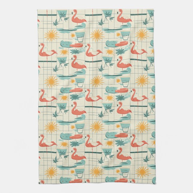 Retro Flamingo Poolside Summer Pattern (3) Kitchen Towel (Vertical)