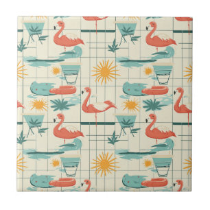 Retro Flamingo Poolside Summer Pattern (3) Tile