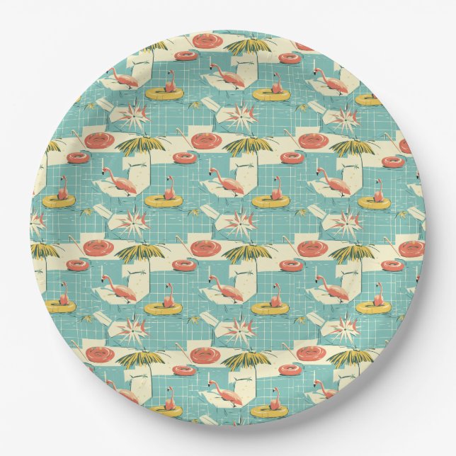 Retro Flamingo Poolside Summer Pattern (4) Paper Plate (Front)