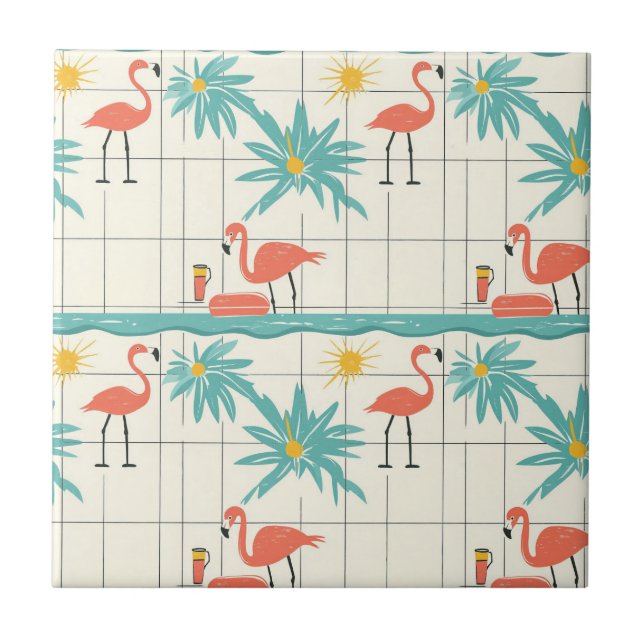 Retro Flamingo Poolside Summer Pattern (4) Tile (Front)