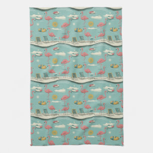 Retro Flamingo Poolside Summer Pattern (5) Kitchen Towel