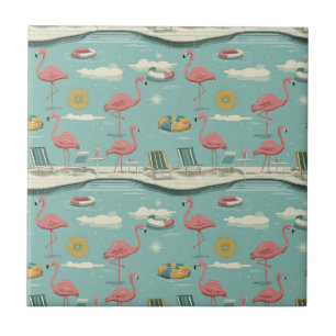 Retro Flamingo Poolside Summer Pattern (5) Tile