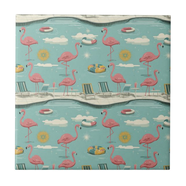 Retro Flamingo Poolside Summer Pattern (5) Tile (Front)