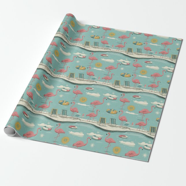 Retro Flamingo Poolside Summer Pattern (5) Wrapping Paper (Unrolled)