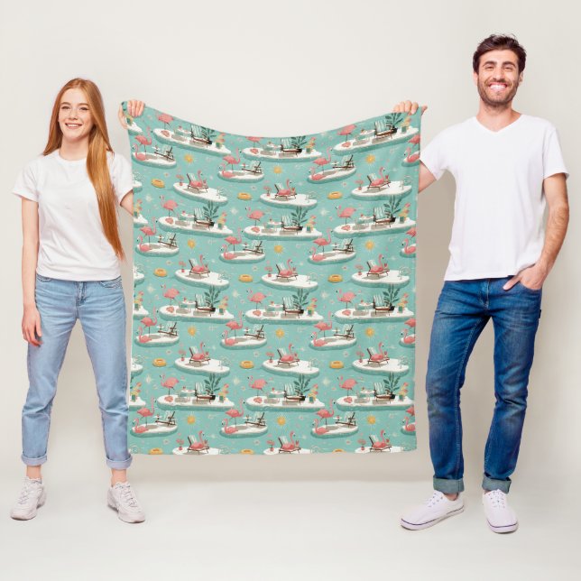Retro Flamingo Poolside Summer Pattern (6) Fleece Blanket (In Situ)