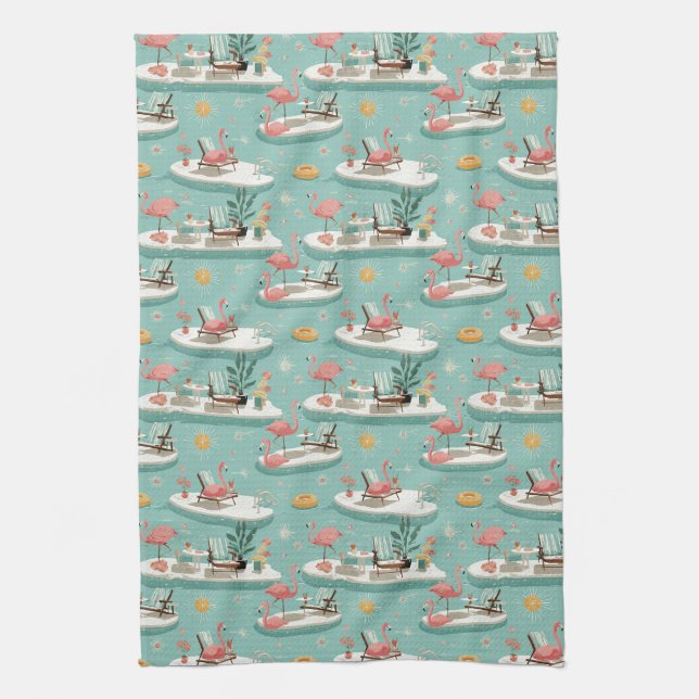 Retro Flamingo Poolside Summer Pattern (6) Kitchen Towel (Vertical)