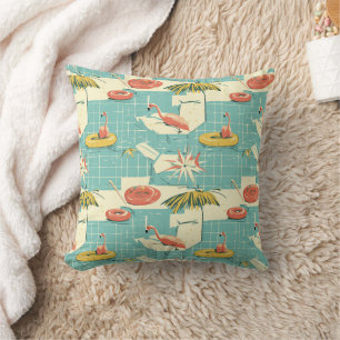 Retro Flamingo Poolside Summer Pattern (6) Throw Pillow