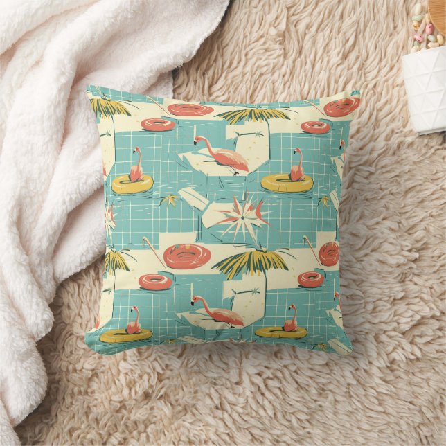 Retro Flamingo Poolside Summer Pattern (6) Throw Pillow (Blanket)