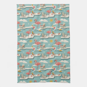 Retro Flamingo Poolside Summer Pattern (7) Kitchen Towel