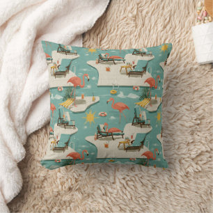 Retro Flamingo Poolside Summer Pattern (8) Throw Pillow