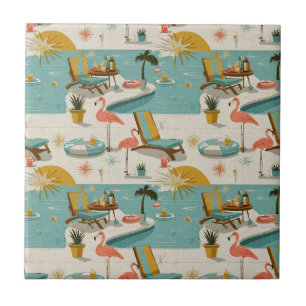 Retro Flamingo Poolside Summer Pattern (8) Tile
