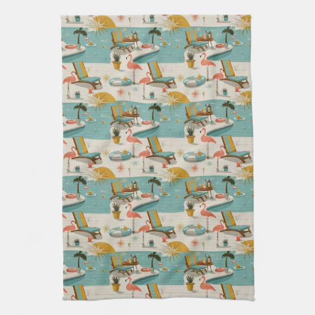 Retro Flamingo Poolside Summer Pattern (9) Kitchen Towel (Vertical)