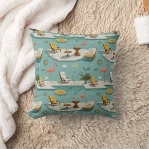 Retro Flamingo Poolside Summer Pattern (9) Throw Pillow