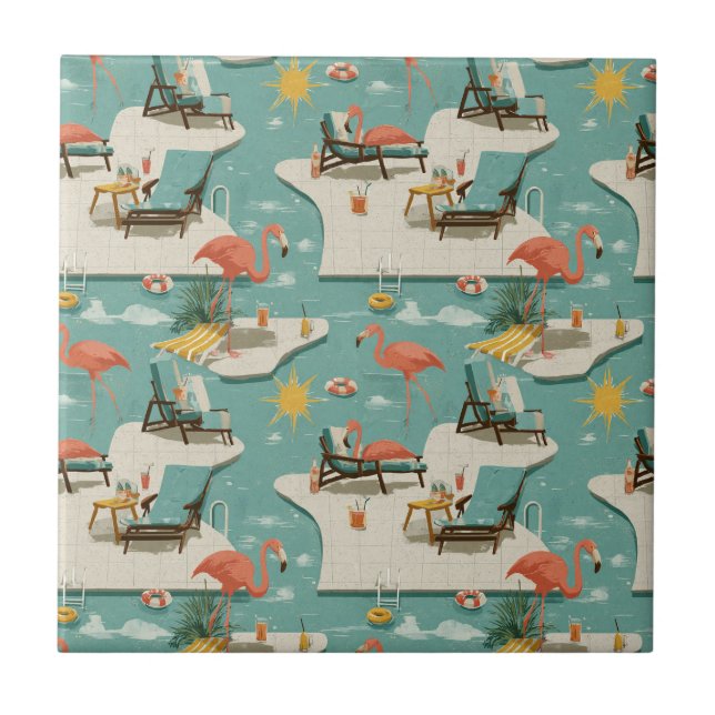 Retro Flamingo Poolside Summer Pattern (9) Tile (Front)