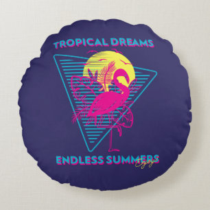 Retro Flamingo Sunset Synthwave Vibes Round Pillow
