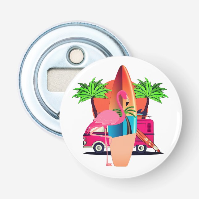 Retro Flamingo Surf Scene Beach Bottle Opener (Front)