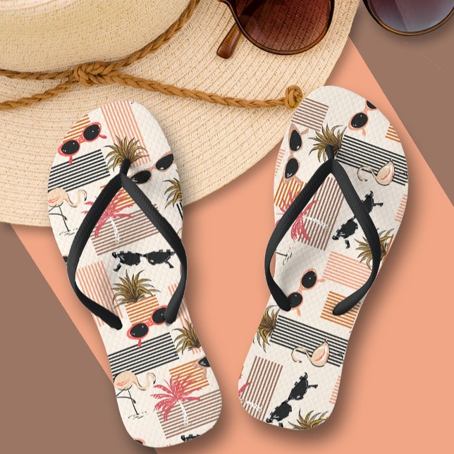 Retro Flamingos and Palms Flip Flops (Retro flamingos, palms trees, retro sunglasses fun summer flip flops)