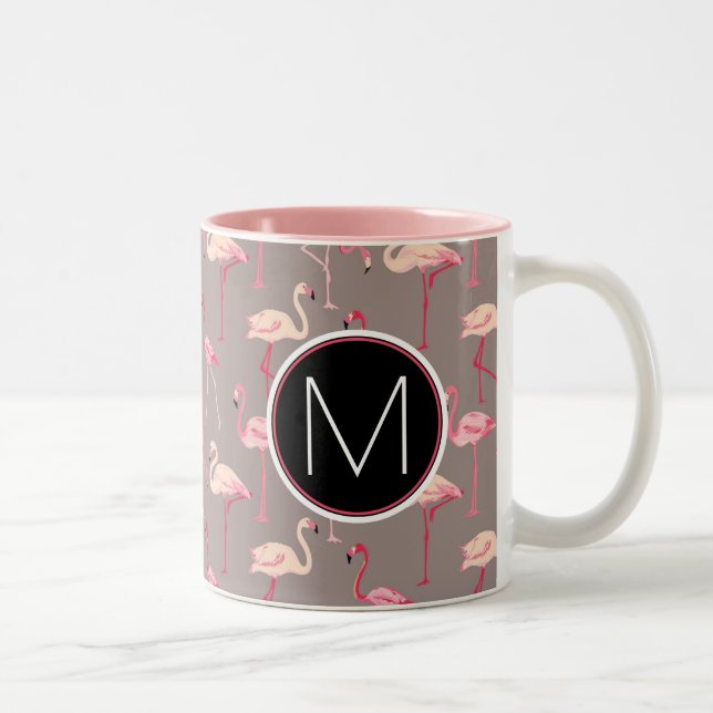 Retro Flamingos | Monogram Two-Tone Coffee Mug (Right)