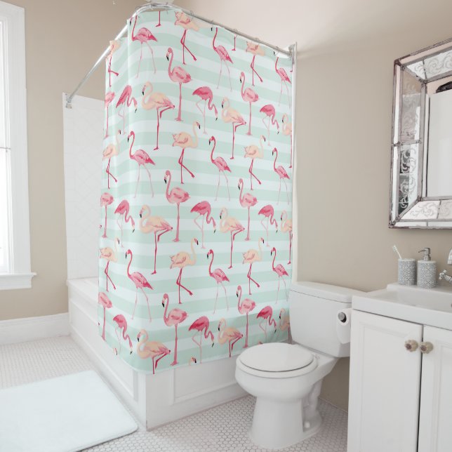 Retro Flamingos On Mint Stripes (In Situ)