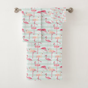 Retro Flamingos On Mint Stripes Bath Towel Set