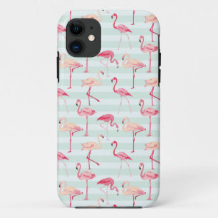 Retro Flamingos On Mint Stripes iPhone 11 Case