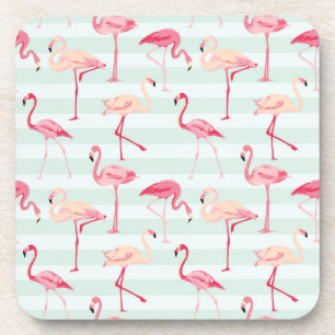 Retro Flamingos On Mint Stripes Coaster