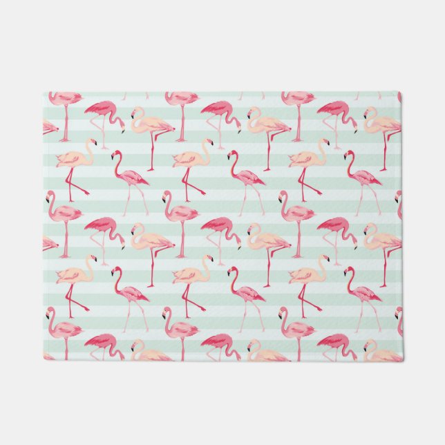 Retro Flamingos On Mint Stripes Doormat (Front)