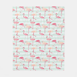 Retro Flamingos On Mint Stripes Fleece Blanket
