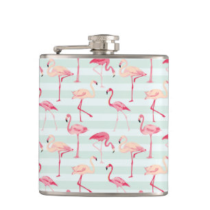 Retro Flamingos On Mint Stripes Hip Flask