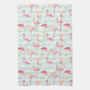 Retro Flamingos On Mint Stripes Kitchen Towel