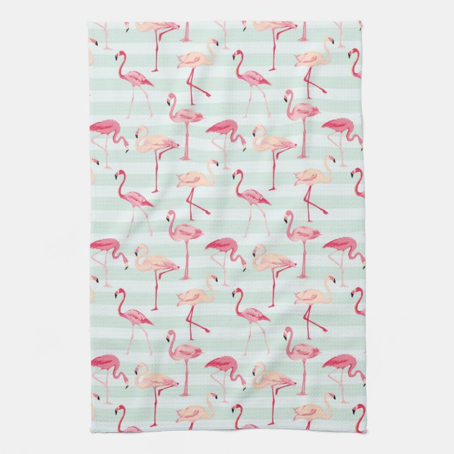 Retro Flamingos On Mint Stripes Kitchen Towel (Vertical)