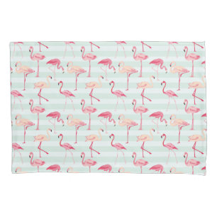 Retro Flamingos On Mint Stripes Pillowcase