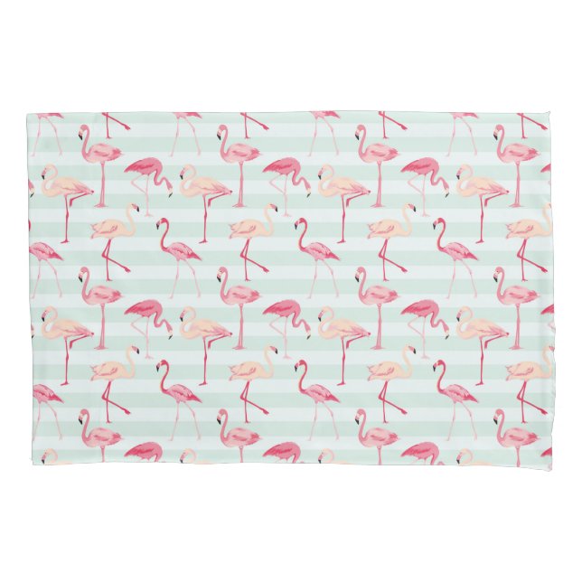 Retro Flamingos On Mint Stripes Pillowcase (Front-Left)