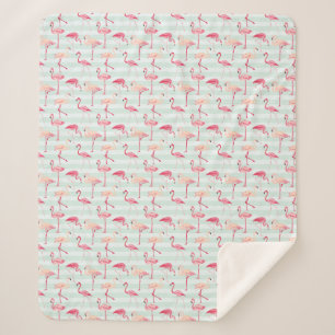 Retro Flamingos On Mint Stripes Sherpa Blanket