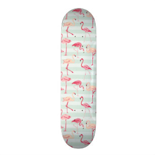 Retro Flamingos On Mint Stripes Skateboard
