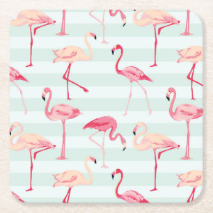 Retro Flamingos On Mint Stripes Square Paper Coaster