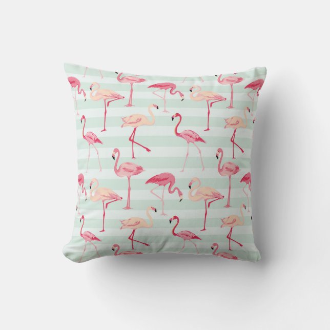 Retro Flamingos On Mint Stripes Throw Pillow (Front)