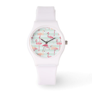 Retro Flamingos On Mint Stripes Watch
