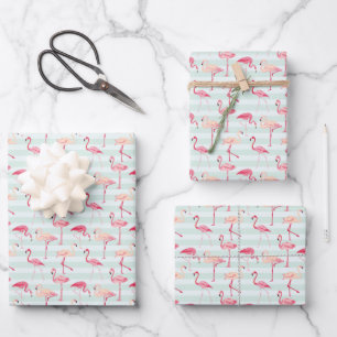 Retro Flamingos On Mint Stripes Wrapping Paper Sheet