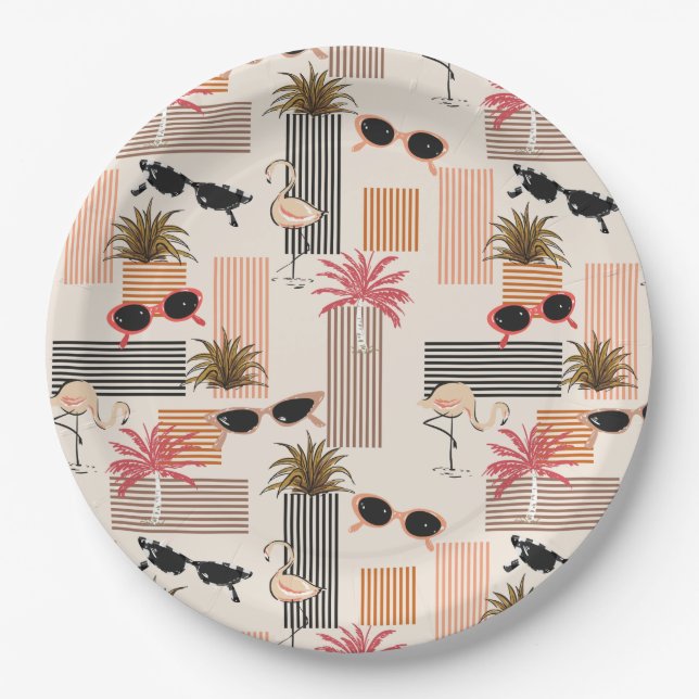 Retro Flamingos Palms and Sunglasses Summer Party Paper Plate (Front)