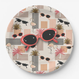 Retro Flamingos Palms and Sunglasses Summer Party Paper Plate