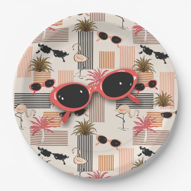 Retro Flamingos Palms and Sunglasses Summer Party Paper Plate (Front)